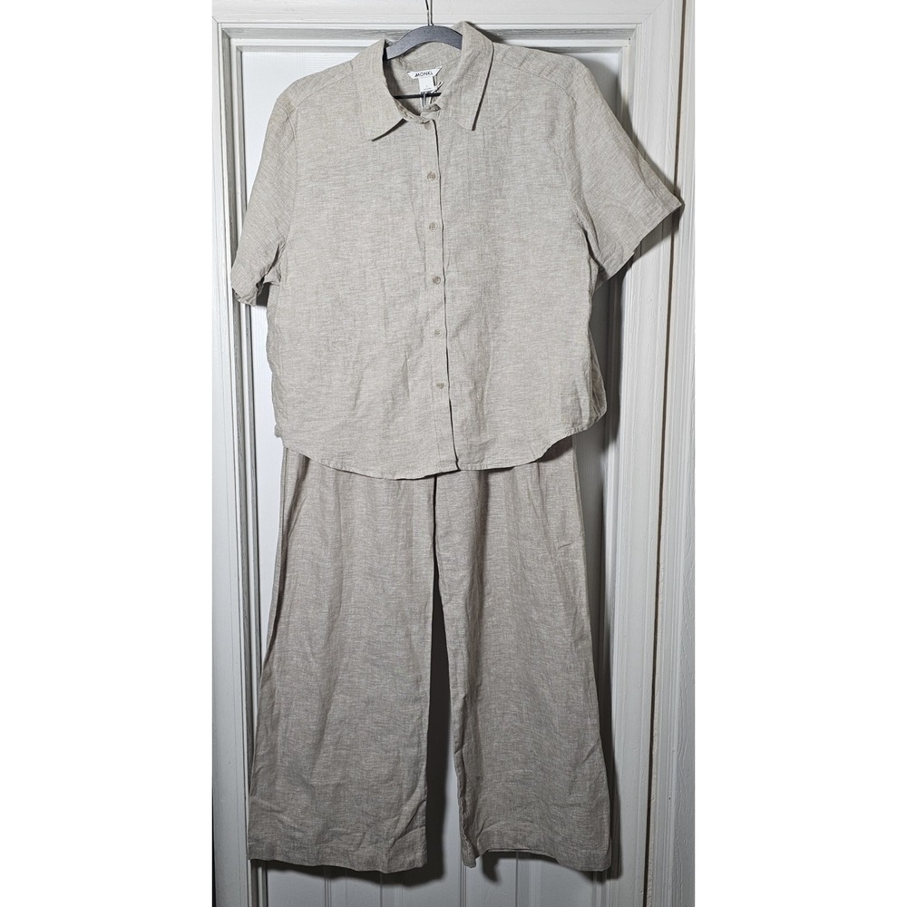 MONKL Linen Blend Set Women's Size‎ Large Wide Leg Pleated Pants Button Up Top